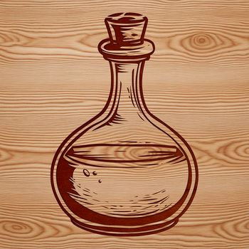 A traditional witchcraft illustration featuring a mystical potion bottle surrounded by magical symbols.