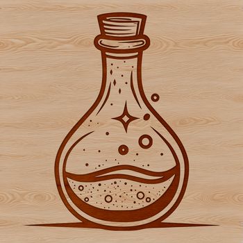 Illustrative witchcraft symbol featuring a potion bottle in a mystical setting.