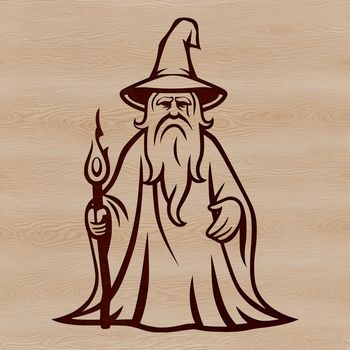 A simple line drawing of a wizard in a fantasy setting, suitable for clip art and vector design.
