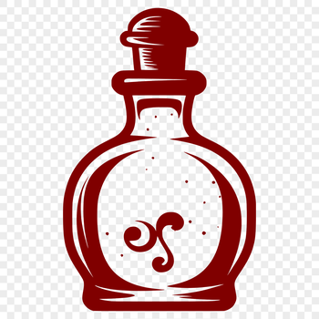 A detailed illustration of a witch's potion bottle with ornate decorations, surrounded by magic symbols and elements.