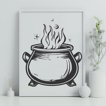 Illustrated witch's cauldron with magical smoke rising from it, designed in vector format.