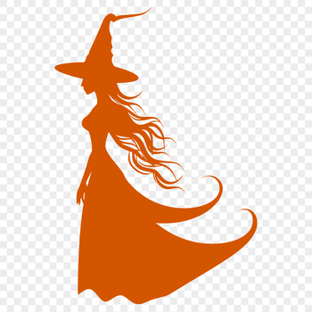 A full-body silhouette of a witch in a gothic-inspired costume, surrounded by mystical symbols and magic elements.