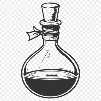 A witch's cauldron with a glowing potion bottle and various magical ingredients on a dark background.