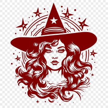 A stylized illustration of a witch's head with mystical symbols surrounding it.