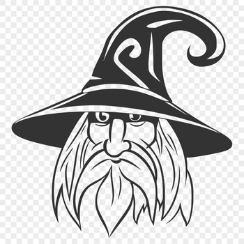 A bespectacled wizard with a pointed hat and long white beard, standing in front of a mystical background.