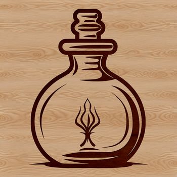 A simple line drawing illustration of a witch's potion bottle and various magical symbols.