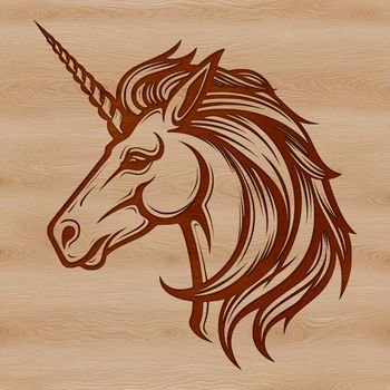 Illustration of a mythical unicorn's head with intricate design elements.