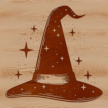 A witch wearing a pointed hat stands in front of a dark background, surrounded by magical symbols and potions.