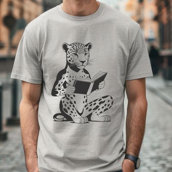A large feline animal reading a book in a whimsical setting.
