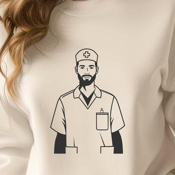 A digital illustration of a male nurse in professional attire.