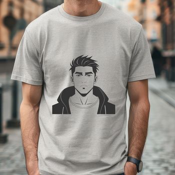 Male figure in high-contrast line art style.
