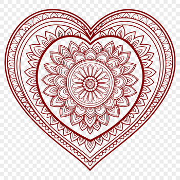 A colorful mandala design featuring an intricately detailed heart shape with symmetrical patterns and shapes.