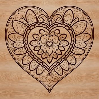 A colorful mandala design featuring a stylized heart shape in intricate patterns.