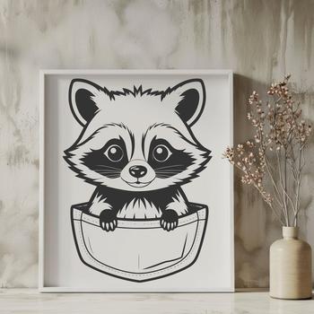 A detailed illustration of a raccoon with a visible pocket on its front.