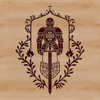 A detailed illustration of an ornate knight in medieval armor.