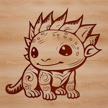 A digital illustration of a salamander with feathery gills and a stout body, typical of the axolotl species.