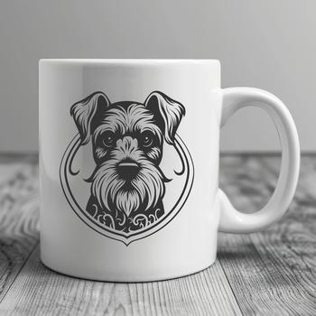 A portrait illustration of a Miniature Schnauzer's head, featuring an ornate design style.