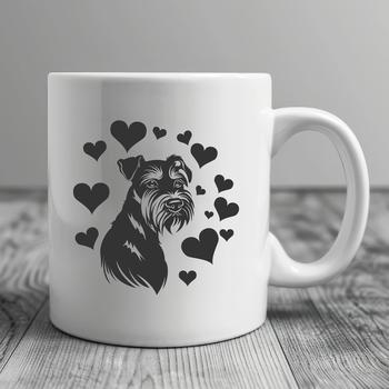 A miniature dog breed with love hearts surrounding its head.