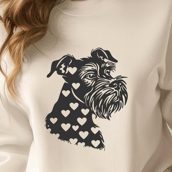 A digital illustration of a happy miniature schnauzer dog with stylized hearts on its head.