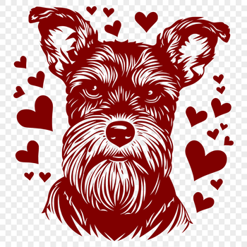 Small breed dog with love hearts surrounding its head.