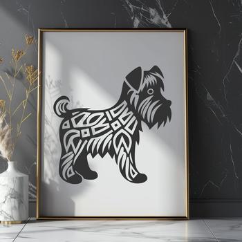 A detailed illustration of a standing miniature schnauzer dog with an ornate texture.