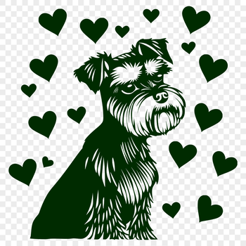 A digital illustration of a small breed dog with love hearts surrounding its head.