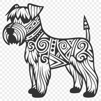 A full-body illustration of a standing Miniature Schnauzer with ornate details.