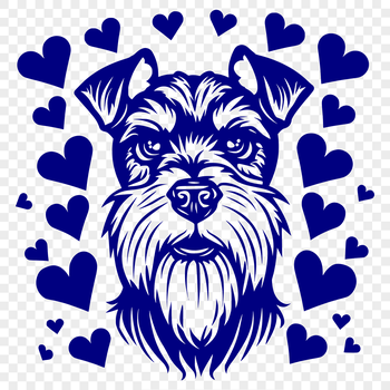 A small breed dog with a loyal expression, featuring heart motifs around its head.