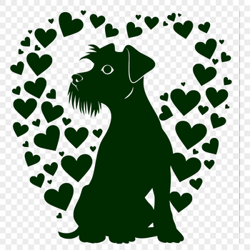 A full-body illustration of a miniature schnauzer sitting on its haunches, surrounded by stylized heart shapes.