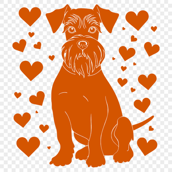 A full-body illustration of a miniature dog breed with love hearts around its body.