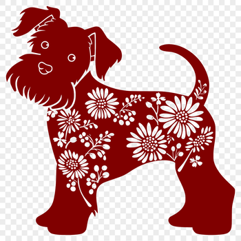 A miniature dog standing on its hind legs, surrounded by a floral pattern.