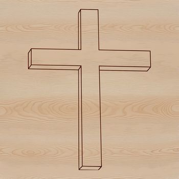 A simple line drawing of a cross with a figure at its center, commonly used in religious contexts.
