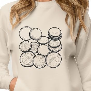Illustrated design of assorted coins in various shapes and sizes.