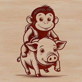 An illustrated monkey-pig hybrid animal with a curious expression.