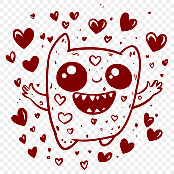 A playful monster design featuring hearts and other festive elements, suitable for Halloween-themed projects.