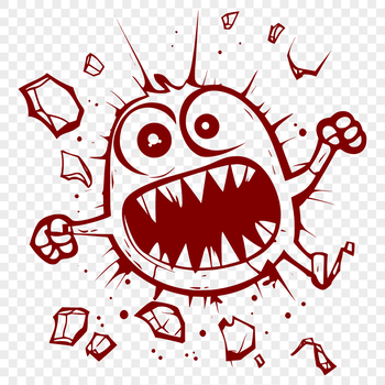A friendly monster with a big smile breaking through a brick wall.