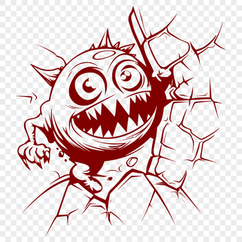 A small, cartoon-style monster with a sweet expression, smashing through a wall in a playful gesture.