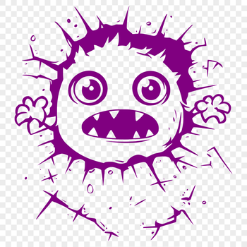 A smiling monster with big eyes and teeth, smashing through a wall in a playful manner.