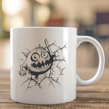 A cartoon monster breaking through a brick wall with a playful expression.
