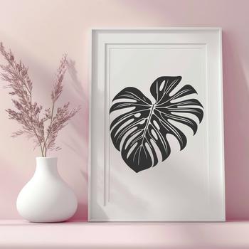 A detailed illustration of a single Monstera leaf with veins and edges.