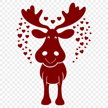 A digital illustration of a moose with heart motifs in various colors.