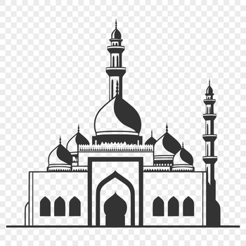 An illustrated mosque with minarets and intricate architectural details.