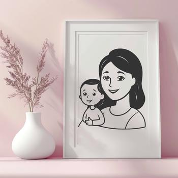 A simple illustration of a mother holding her daughter in a heartwarming pose.