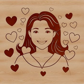 An illustration of a woman surrounded by heart shapes in various sizes.