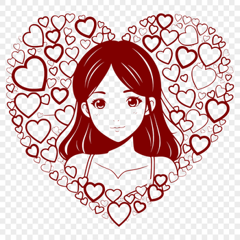 A stylized illustration of a woman surrounded by love hearts, suitable for Mothers Day cards or gifts.