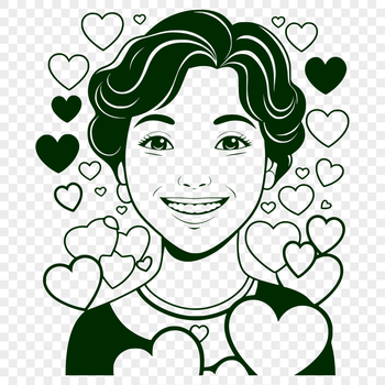 A stylized illustration of a woman surrounded by love hearts, suitable for Mothers Day designs.