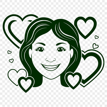 A stylized woman illustration with love hearts integrated into the design.