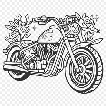 A stylized illustration of a motorcycle with ornate details and floral patterns.