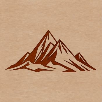 A stylized illustration of a mountain with sloping peaks and lush greenery.