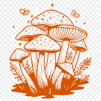 A mystical illustration featuring a witch amidst a gathering of mushrooms in a dark forest setting.